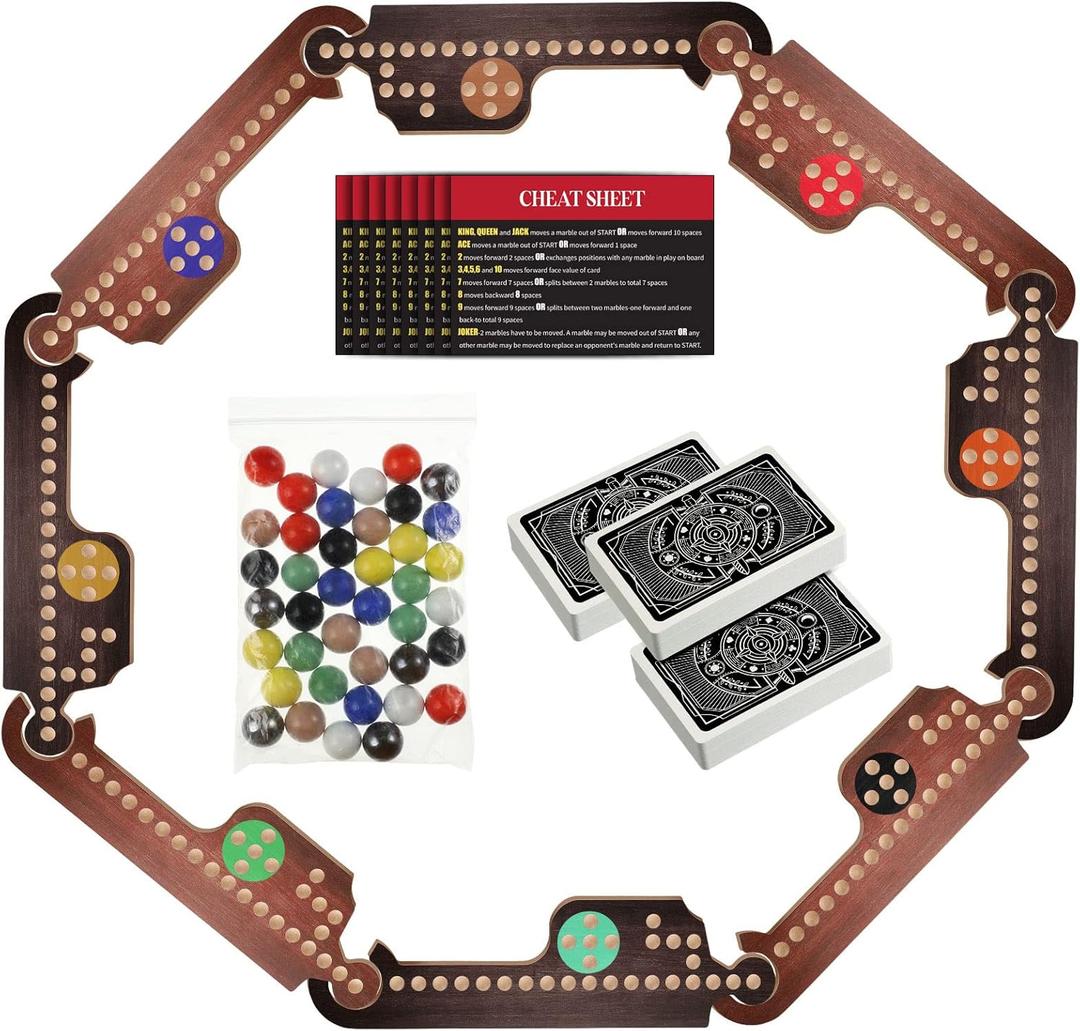 Kathfly Jokers and Marbles Board Game Pegs Card Game Set with 8 Wood Boards 40 Colorful Marbles Pegs 3 Boxes Playing Card 8 Game Instructions for Adults Family, 4-8 Players(Retro Colors)