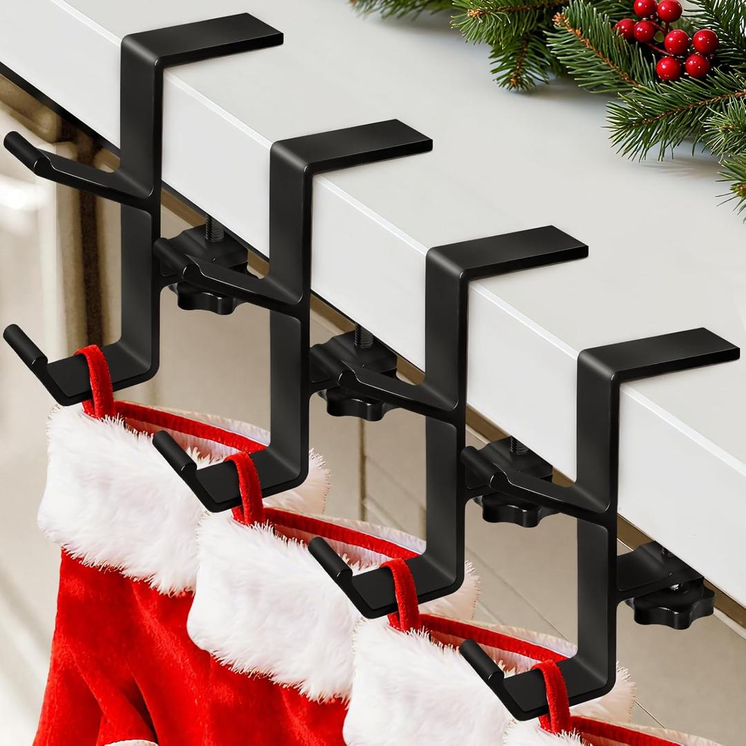 4 Pack Stocking Holders for Mantle, Mantle Garland Hangers, Fireplace Stocking and Garland Hanger, No Drilling Required, Adjustable, Metal, Black