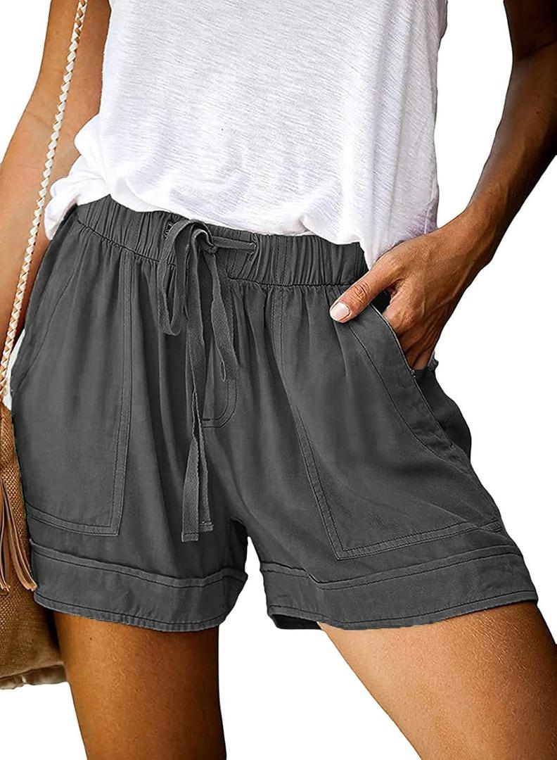 Basoteeuo Womens Shorts Summer Comfy Cotton Elastic Waist Drawstring Casual Shorts with Pockets B-Style Dark Grey M