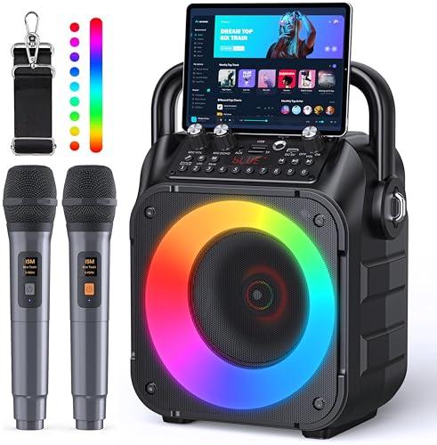 Karaoke Machine, Portable Bluetooth Speaker with 2 Wireless Microphones for Adults & Kids with Lights, Karaoke Microphone with PA System Supports USB/TF/REC/FM/AUX for Home Party Home System Packages