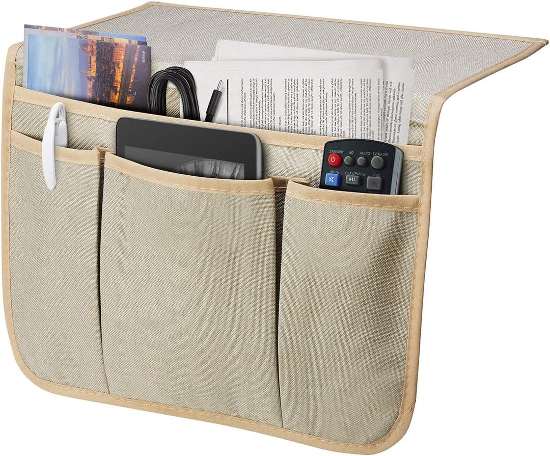 Bedside Caddy Bedside Storage Organizer Magazine Phone Tablet iPad Remote Holder, Organizer Caddy for Home College Dorm Bed, Sofa, Bunk Bed (Pale Khaki)