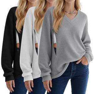 3 Pack Women's Oversized Nursing Tops Waffle Knit V Neck Breastfeeding Long Sleeve Shirts Hidden Zipper Sweatshirt, Small