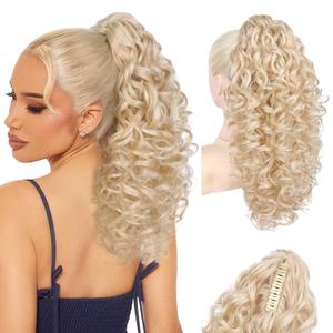 Flufymooz 100 Pure Protein Ponytail Extension, 18 Inch Curly Claw Clip Ponytail Hair Extensions Natural Soft pony tail hairpiece for women-Light Blonde with White Blonde