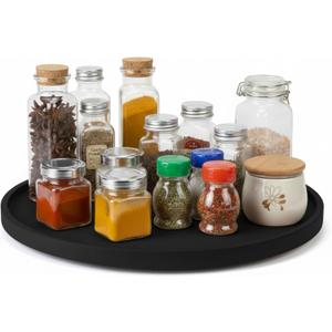 20'' Wood Lazy Susan for Countertop Acacia Large Turntable Rotating Serving Tray for Table Top Non Skid Kitchen Tray Revolving Condiment Spice Rack Table Organization Storage, Black