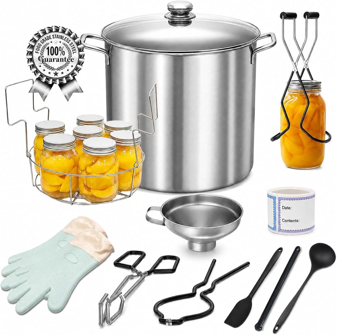 Complete Canning Supplies with Pot: Food-Grade Stainless Steel Canning Kit - 13-Piece Essential Home Canning Set Tools for Safe Food Homemade (Black)