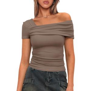 Darong Women's Summer Short Sleeve One Off The Shoulder Top Ruched Going Out Tops Slim Fit Y2K Shirt (Medium, Khaki)