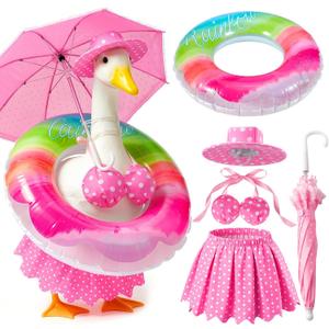 Mastom Bikini Porch Goose Outfits, 23" Lawn Goose Statue Pink Summer Costume Clothing, Bikini Porch Garden Geese Clothes with Hat Swim Ring and Parasol for Outdoor Patio Yard Decoration