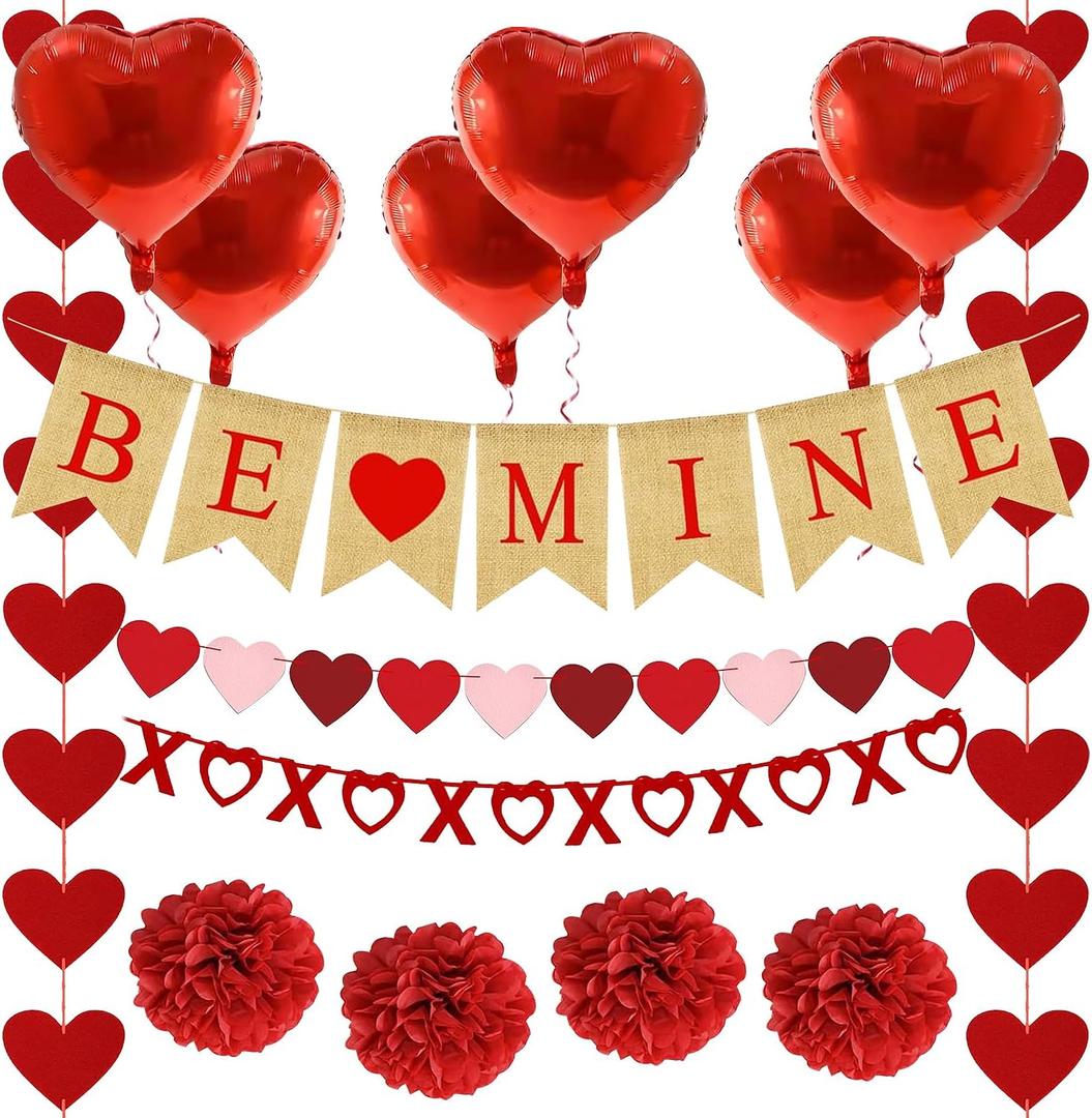 Valentines Day Decorations Set with BE MINE Banner,Heart Foil Balloons,Heart XO Garlands,Heart Garlands,Tissue Paper Pompoms for Galentines Decor,Home Classroom Office Wedding Party Anniversary