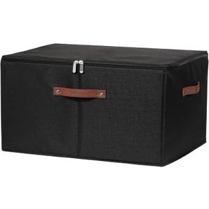 Storage Bins with Zipper Lid Cotton Linen Fabric Lidded Storage Baskets Boxes Foldable Washable Closet Shelf Clothes Organizer Container with PU Leather Handles (Black, Extra Large)