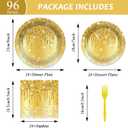 96 PCS Golden Birthday Party Decorations Tableware Set for Golden Themed Happy Birthday Supplies Diamond Gold Plates Napkins Forks for 24 Guests Men Women Anniversary Engagement Wedding Party Favors