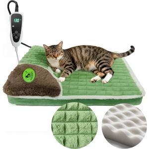 Heated Cat Bed Indoor Washable Bed Memory Foam Soft Dog Bed with Side Pillow, Smart Temperature Control Switch, Removable Cotton Sleeve Wash-Green (Green, 20 x 20 x 2 in)