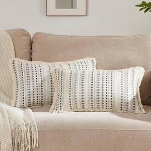 Embroidered Throw Pillow Cover Set of 2, Spring Summer Boho Farmhouse Decorative Pillow Case with Tassels, Textured Cushion Cases for Sofa Living Room Home Decor (Grey, 12" x 20")