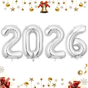 Silver 2026 Balloons, 16 Inch Foil 2026 Number Balloons, Grad Balloons for Class of 2026 Graduation Party, Silver Matellic Foil New Year Birthday Home Office Party Supplies
