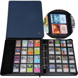 2000 Trading Card Binder, 16 Pocket D-Ring Card Binder Fit 2016 Cards - Large Card Collection Binder with Double-Sided Black Pages for TCG -Blue