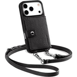 LUCKYCOIN for iPhone 17 Pro Crossbody Wallet Phone Case, Compatible with MagSafe, Genuine Leather Magnetic Phone Case with Card Holder and Adjustable Strap, with RFID Blocking, Black