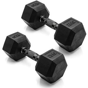 CAP Rubber Coated Dumbbell Weights, Free Weights for Home Gym Strength Training, Anti-Roll Hex Dumbbells with Black, Chrome & Comfort Grip Handles, Pairs & Sets
