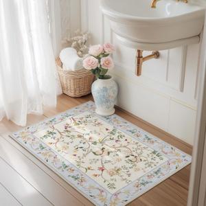 jinchan Floral Entryway Rug 2x3 Soft Washable Rugs Non Slip Low Pile Door Mat Indoor Enterance Small Chinoiserie Flower Lightweight Boho Throw Carpet for Bedroom Bathroom Entry Beige/Blue