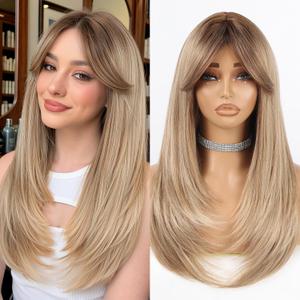Allbell Highlight light Brown Wigs For Women Long Straight layered 24 inch Middle Part Wig Natural Looking Synthetic Heat Resistant Fiber for Daily Party Use