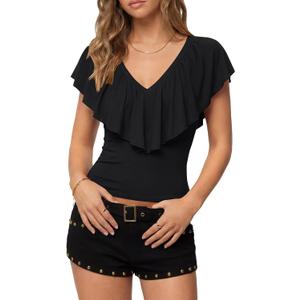 KIFOVEN Women's V Neck Ruffle Short Sleeve Blouse Elegant Dressy Tops Summer Slim Fit Casual Fashion Shirt (Black, L)