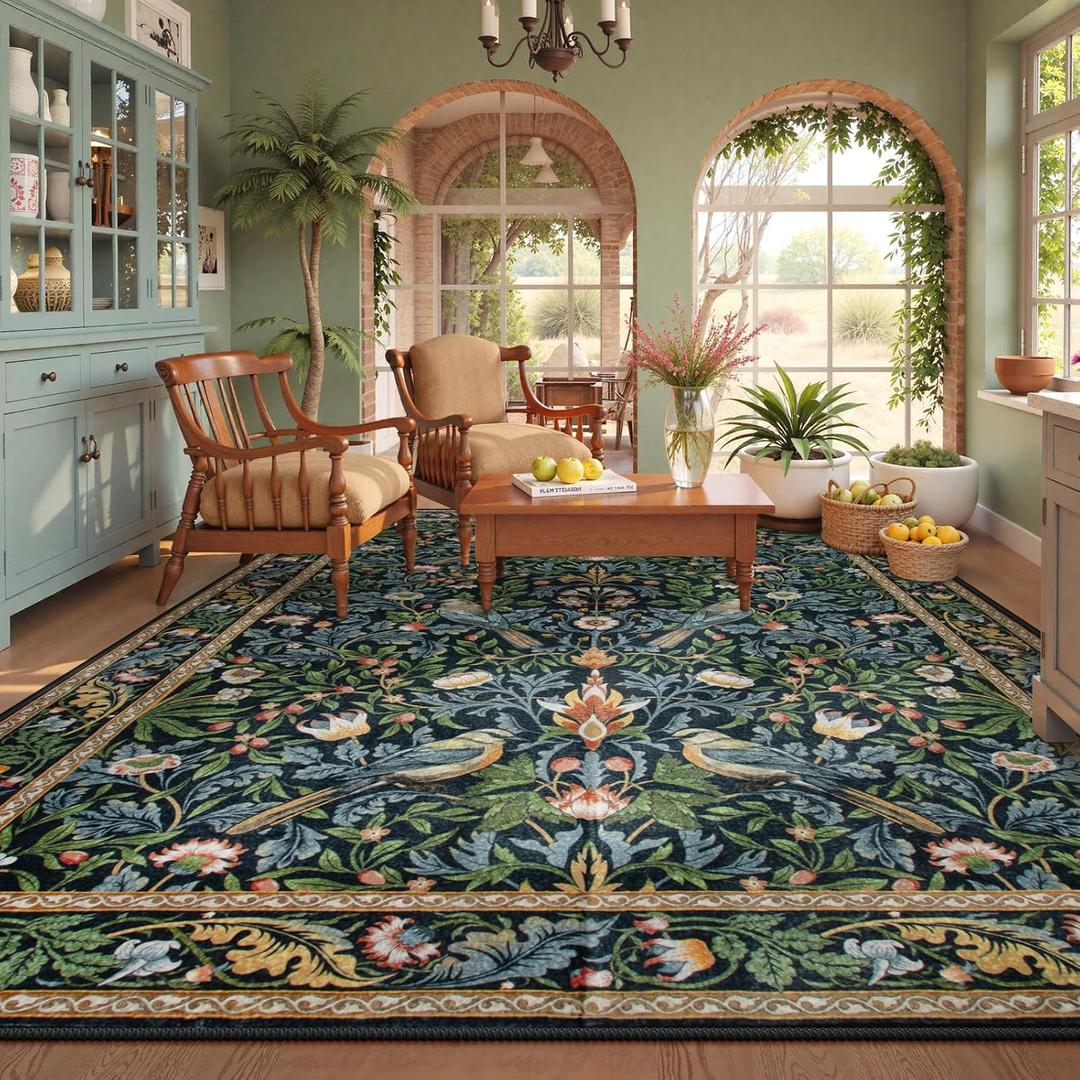 Beeiva Vintage Bird 8x10 Washable Rugs for Living Room, Botanical Non Slip Large Carpet for Bedroom, Stain Resistant Dining Room Rugs for Under Table Dorm Classroom Decor (Dark Green/Navy Blue)