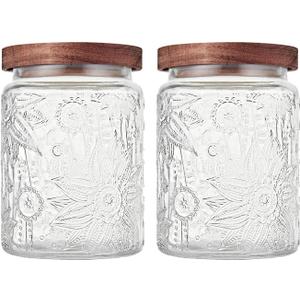 Glass Storage Jars With Airtight Lid, 23.7oz Container For Kitchen Counter with Wooden Lid, brown sugar, candy, coffee, cookie, salt, tea, cute Jar (Sunflower*2)