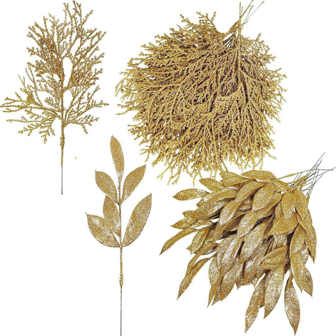 Winlyn 30 Pcs Christmas Artificial Leaf Sprays Cedar Picks Gold Glittered Christmas Tree Ornaments Floral Stems for Gold Christmas Tree Wreaths Swag Centerpieces Holiday Seasonal Wedding Decorations