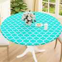 Smiry Round Picnic Tablecloth, Waterproof Elastic Fitted Table Covers for 18" - 24" Tables, Wipeable Flannel Backed Vinyl Tablecloths for Camping, Indoor, Outdoor, Teal & White