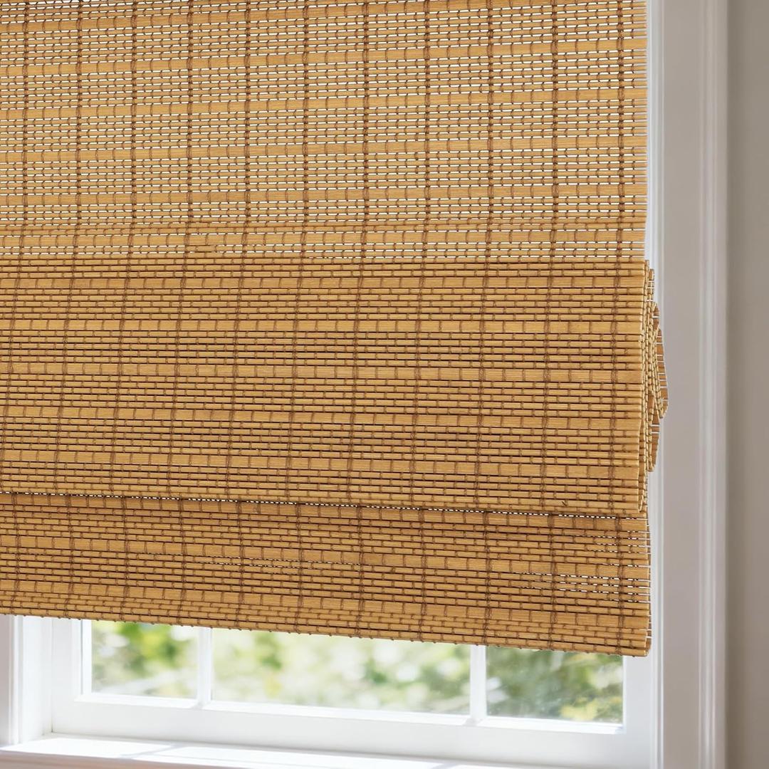 Cordless Bamboo Roman Shades with Beige Blackout Liner, Woven Wood Roman Blinds, Blackout Natural Blinds for Windows, Doors, Thrush, 21" W x 48" H