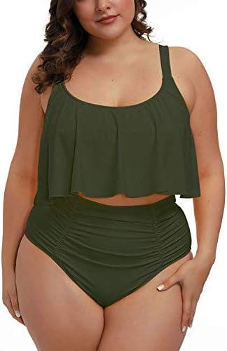 Pink Queen Women Plus Size Swimsuits Tummy Control Ruffle 2 Piece High Waisted Bathing Suit Swimwear Size 2XL
