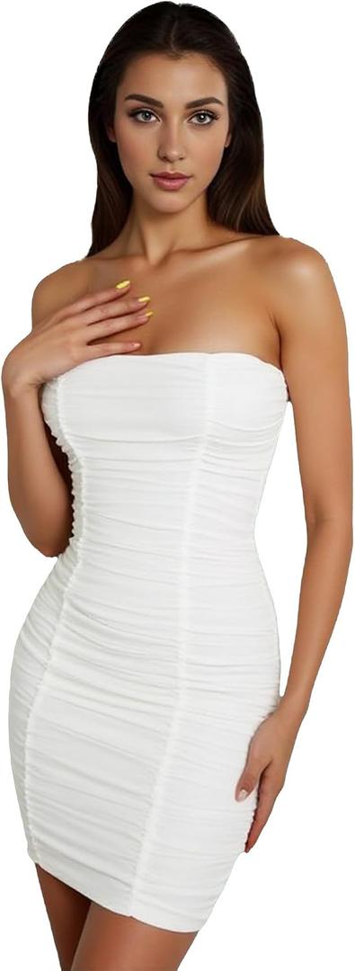 Womens Sexy Strapless Solid Bodycon Tube Mini Dresses Stretchy Ruched Slim-line Club Dresses for Night Out (White) M
