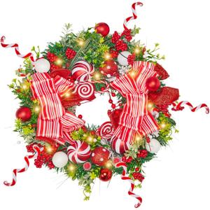 Christmas Wreath, 17-24 Inch Christmas Wreaths for Front Door with Lights Balls Red Bows Candy Canes Berries Pine Needles Greenery Wreath Xmas Decoration Ornaments Rustic Wall Porch Home Party Decor