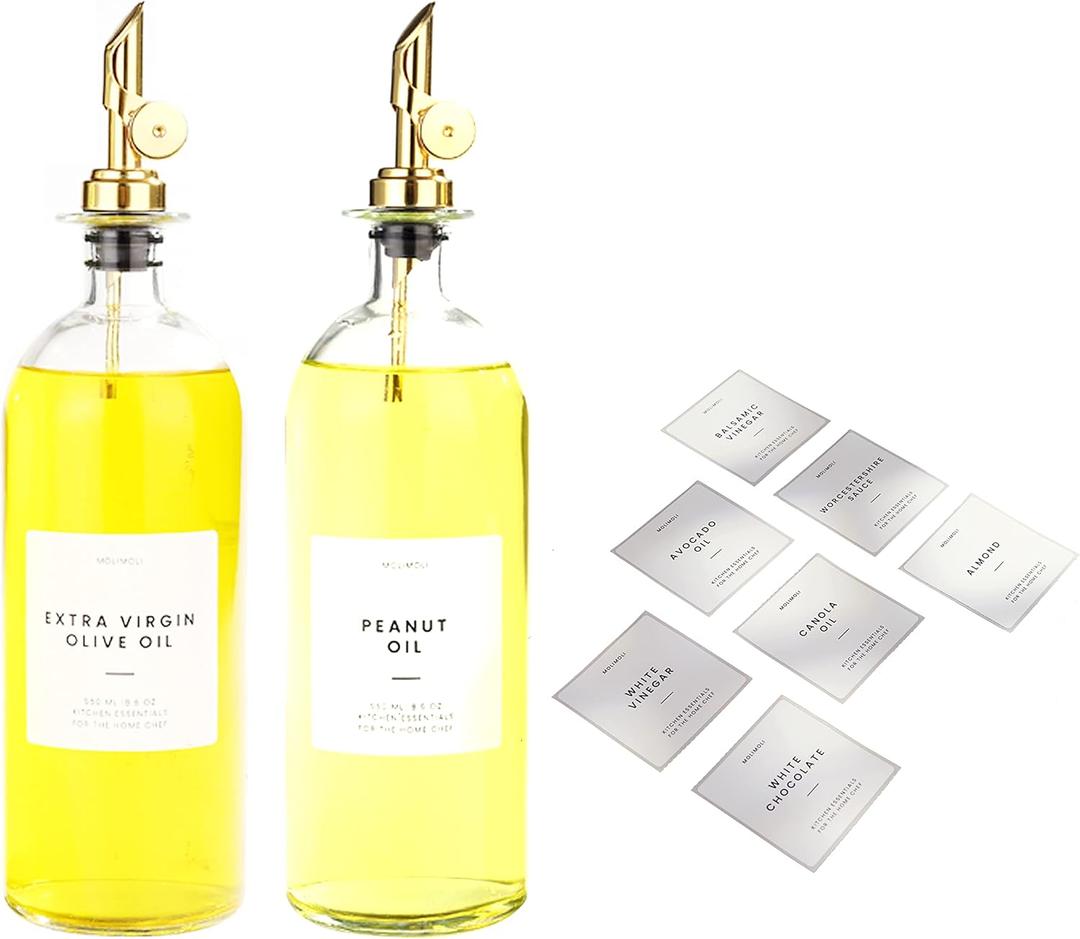 Molimoli Oil and Vinegar Dispenser with Metal Pour Spout, Glass Bottle Dispenser for Kitchen | Pantry Labels, Organization Labels Set with Oil Labels for Bottles, (White labels) 500ml Bottles Gold