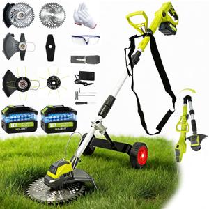 3-in-1 Cordless Weed Wacker with Wheels, 12-Inch Weed Eater Battery Powered Brush Cutter, 2x4.0Ah Batteries, LCD Display, Grass Trimmer Stringless Weed Trimmer Lawn Mower Edger