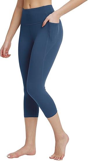 baleaf Women's Capri Leggings with Pockets Yoga Plus Size High Waisted Workout Running Gym Casual Pants Denim Blue, Large