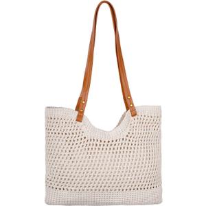 Crochet Beach Tote Bag for Women, Summer Knit Shoulder Bag with Leak-Proof Lining and Zipper, Boho Woven Purses Handbags