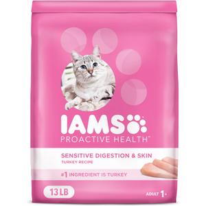 IAMS Proactive Health Adult Sensitive Digestion & Skin Dry Cat Food with Turkey, 13 lb. Bag, Best By: OCT 07, 2026