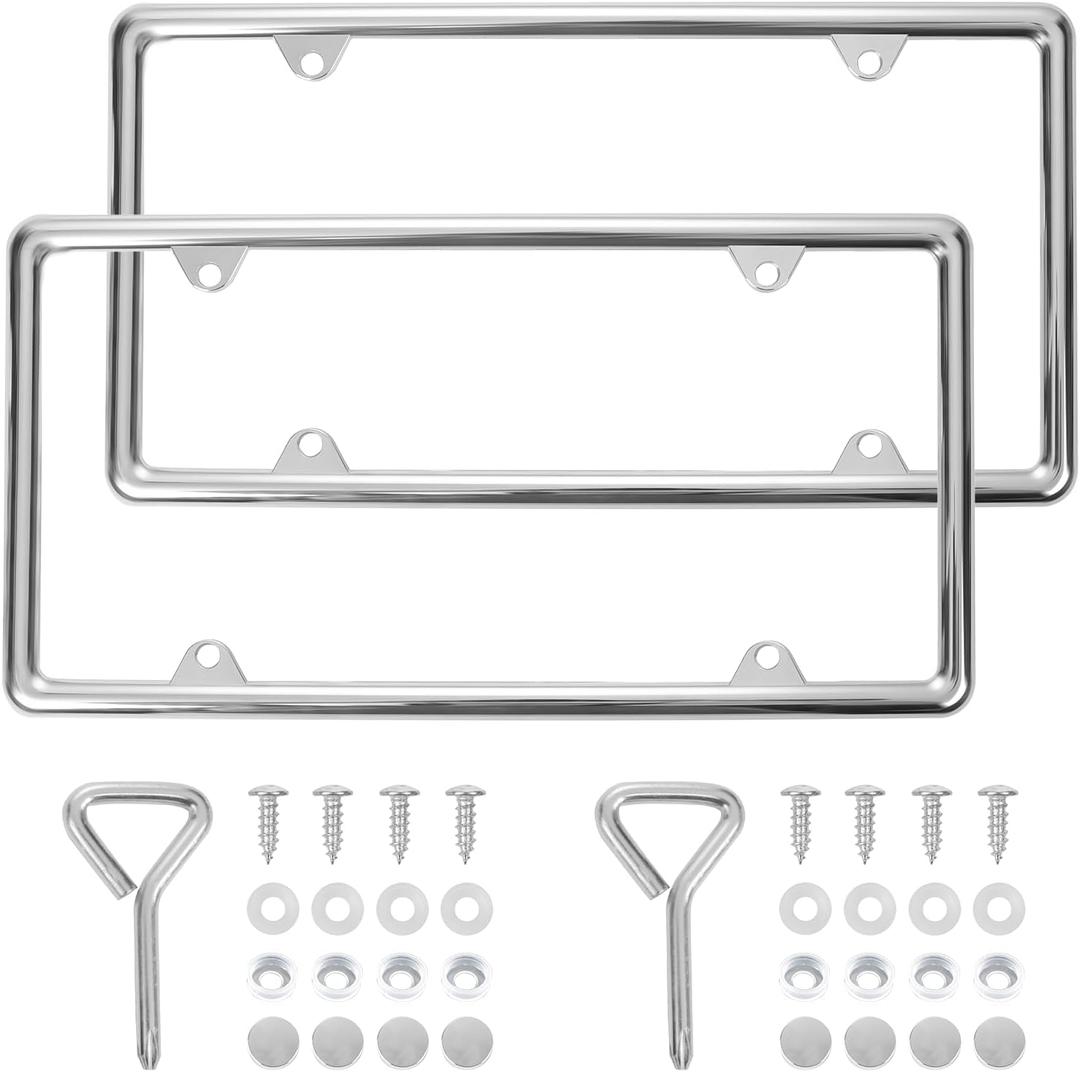 Chrome License Plate Frames Made of Zinc Alloy Metal, Universal Car Accessories,2Pack Front & Rear License Plate Holders Never Rust and Unbreakable with All Mounting Hardware Included