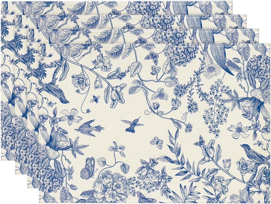 Artoid Mode Hydrangea Flowers Branches Chinoiserie Spring Placemats Set of 4, 12x18 Inch Table Mats for Party Kitchen Dining Decoration (Blue)