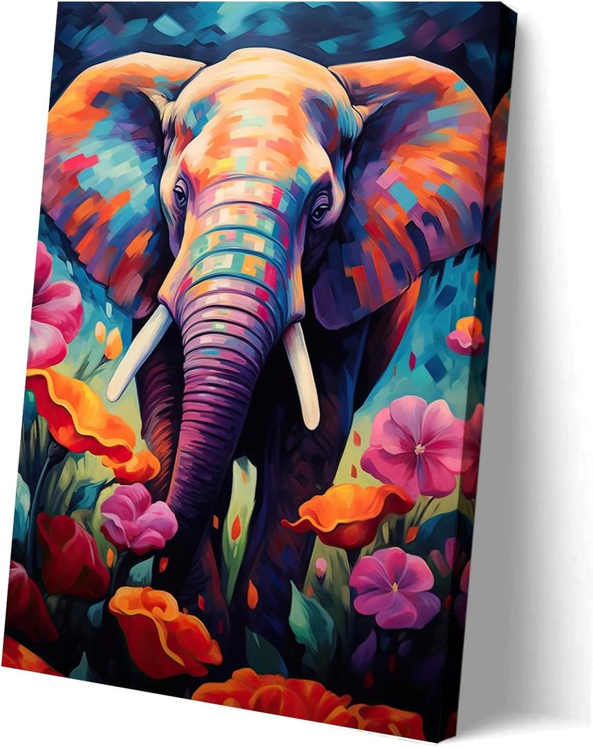 LYUNSHUO Elephant Canvas Wall Art Colorful Animal with Flowers Pictures Print Africa Wildlife Painting Modern Artwork for Home Wall Decor Ready To Hang(Elephant-11,16.00"x24.00")