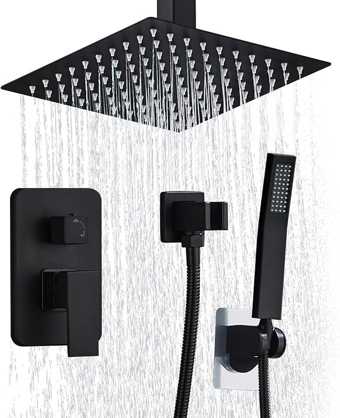 10 Inch Shower Faucet Set Ceiling Mount, High Pressure Rainfall Shower System, Square Rain Shower Spray Combo Luxury Shower Fixtures Matte Black