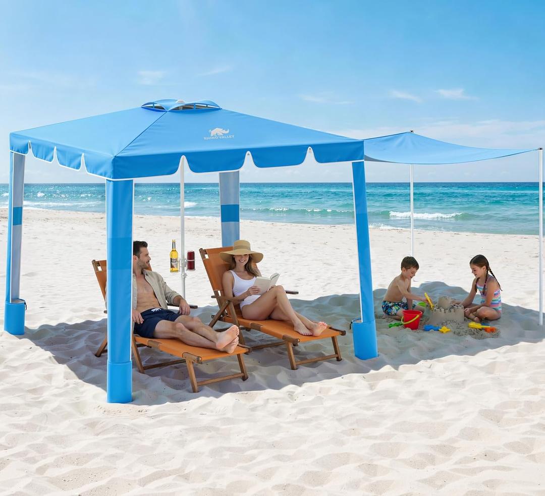 Rhino Valley Beach Cabana, 120 Sq. Ft Beach Canopy UPF50+ Protection, Easy Setup & Adjustable Height Beach Tent Sun Shelter with Cup Holder, Portable for 4-8 People, Blue
