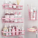 Liuoud 5 Pack Shower Caddy Organizer Rack Shelf for Inside Shower, Adhesive Bathroom Wall Storage Basket Rustproof Stainless Steel Shampoo Holder, Girly Bathroom Accessory Decor Set, Pink