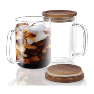 DRASTAR Glass Coffee Mugs, 20 oz Clear Coffee Cups, Coffee Mug with Acacia Wood Lid, Tea Glass Cups with Handles, Large Coffee Mug Set of 2, Glass Coffee Cups for Latte, Espresso, Tea