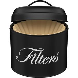 Black Basket Coffee Filter Holder With Lid - Round Container for Counter Storage - Rustic Farmhouse Bar Accessories Decor