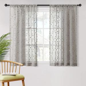 MYSKY HOME Grey Sheer Short Curtains for Kitchen 54 inch Long with Pom Pom Small Windows Bedroom Nursery Kids Girls Room Curtains Cafe Light Filtering Boho Drapes, Rod Pocket,52" Wide, 2 Panels