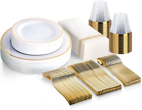 M MCIRCO 175 Piece Gold Dinnerware Set - Plates - 22 Silverware - 22 Cups - 25 Paper Napkins, 22 Guest Disposable Gold Dinnerware Set