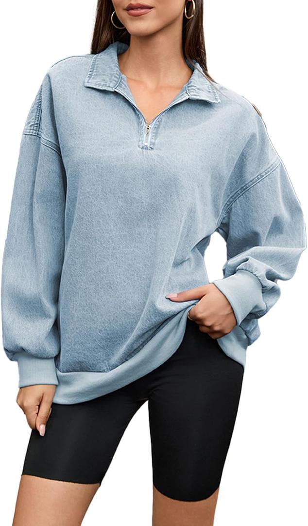 Women's Half Zip Denim Sweatshirts Fashion Long Sleeve Shirt Jean Pullover Hoodies (Medium, Light Blue)