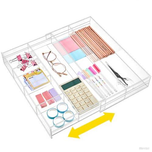 Briwooody 1 PC Acrylic Desk Drawer Organizer 2 Inch Height Expandable Drawer Organizer Trays with 8 Adjustable Compartments Desk Accessories for Makeup Silverware Office Bathroom(Clear,Stylish)