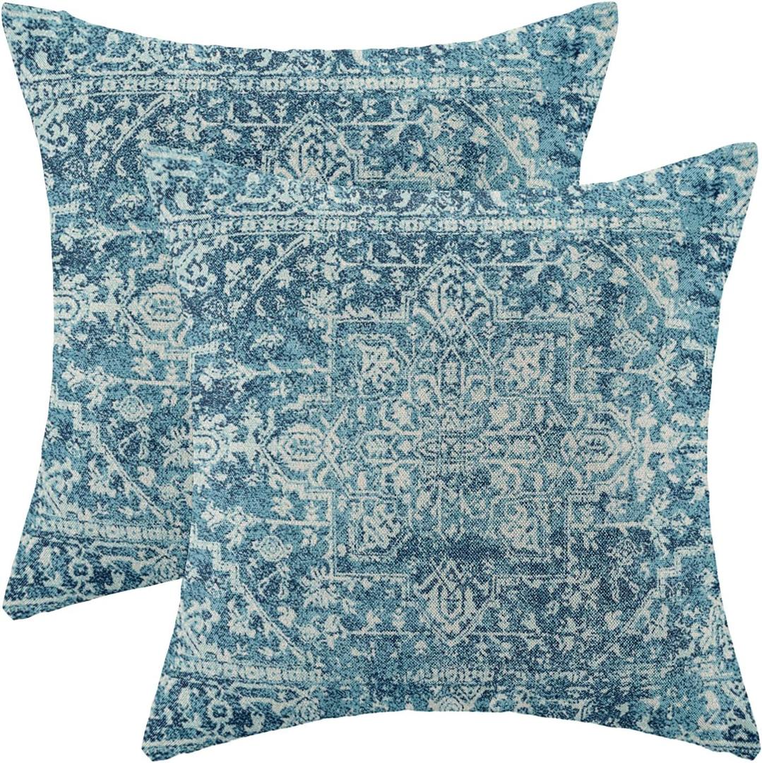 Boho Pillow Covers 18x18 Set of 2, Teal Carpet Pattern Decorative Throw Pillows Linen Ethnic Design Farmhouse Cushion Pillow Covers for Sofa Couch Outdoor Decor