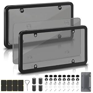 2 Pack License Plate Protector & Frame Combo, Clear Plastic Car Front/Rear Covers with Screws Caps, Universal Fit Car Accessories + Bonus Valve Stem Caps, Adhesive Pads & Mini Screwdriver